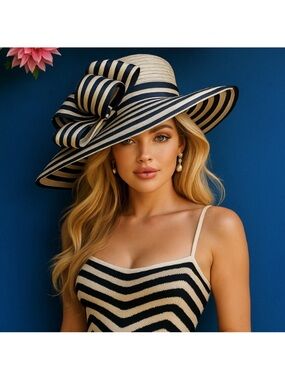 Striped Black and Cream Women's Kentucky Derby Hat Church Tea Occasion Headwear